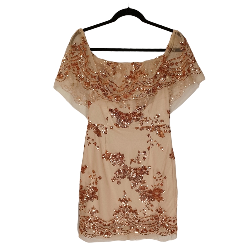 MISSGUIDED Rose Gold Sequin Mesh Overlay Tan Off The Shoulder Dress 6 (Small)